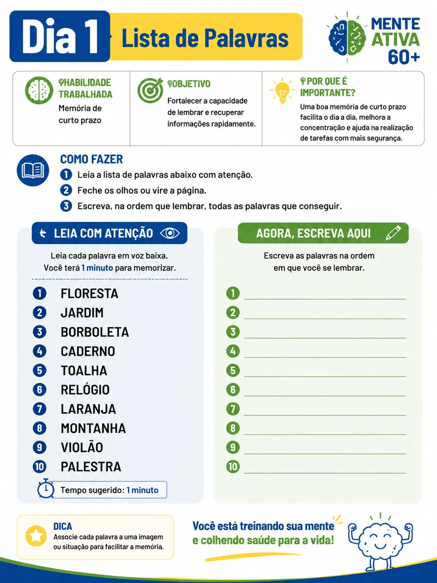 Página do e-book: Dia 1 · Lista de palavras