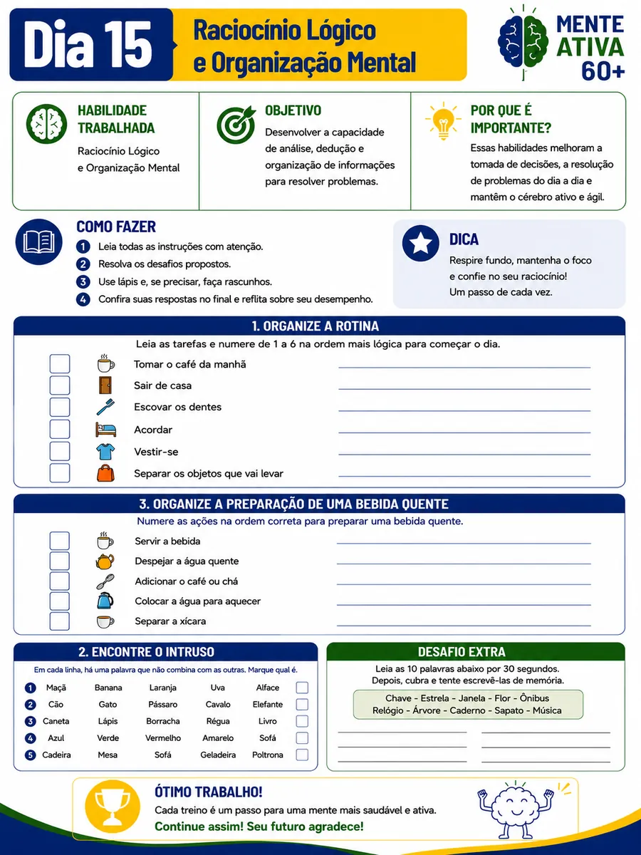 Página do e-book: Dia 15 · Raciocínio e organização