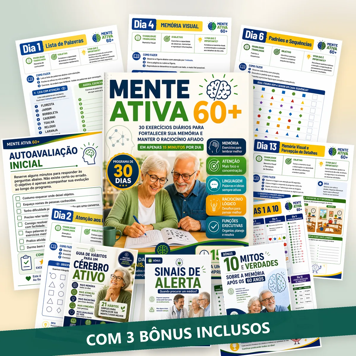 E-book Mente Ativa 60+ com os 3 bônus e a tarja: com 3 bônus inclusos